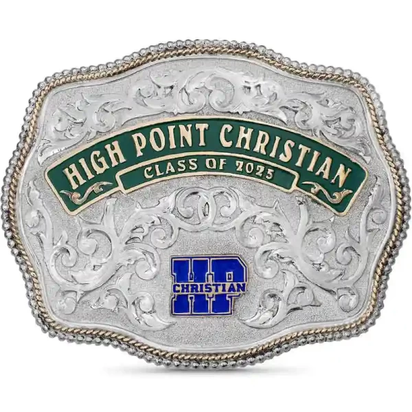 A custom class belt buckle for Champman High School featuring a personalized logo